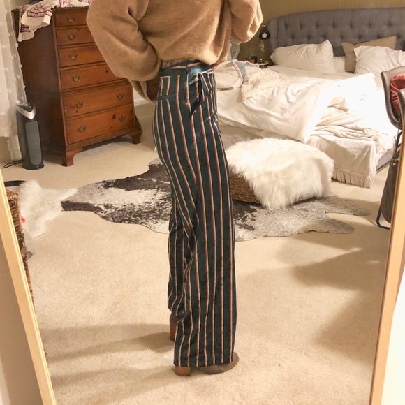 Zara Pants - Velvet Green Striped wide leg high waist Trousers